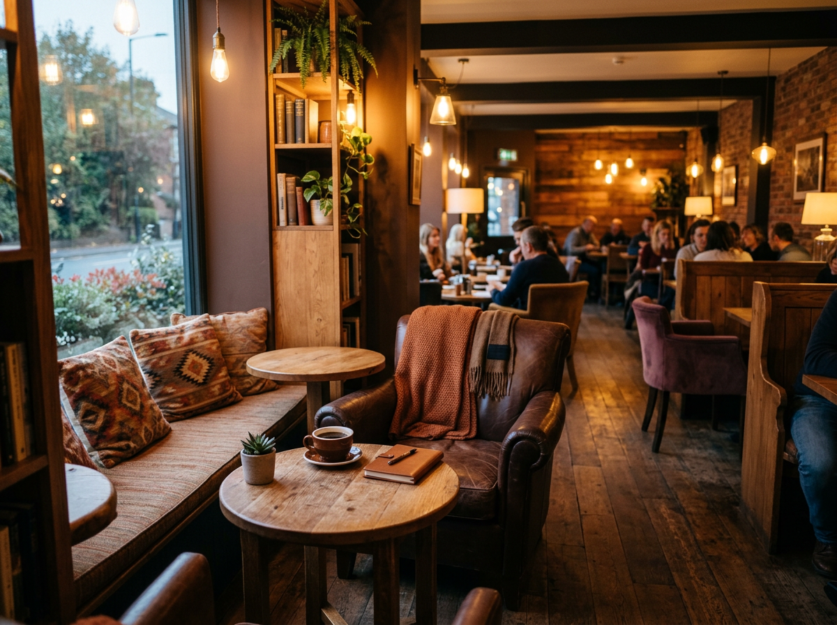 Comfortable cafe workspace with warm oak tables and inviting ambient lighting